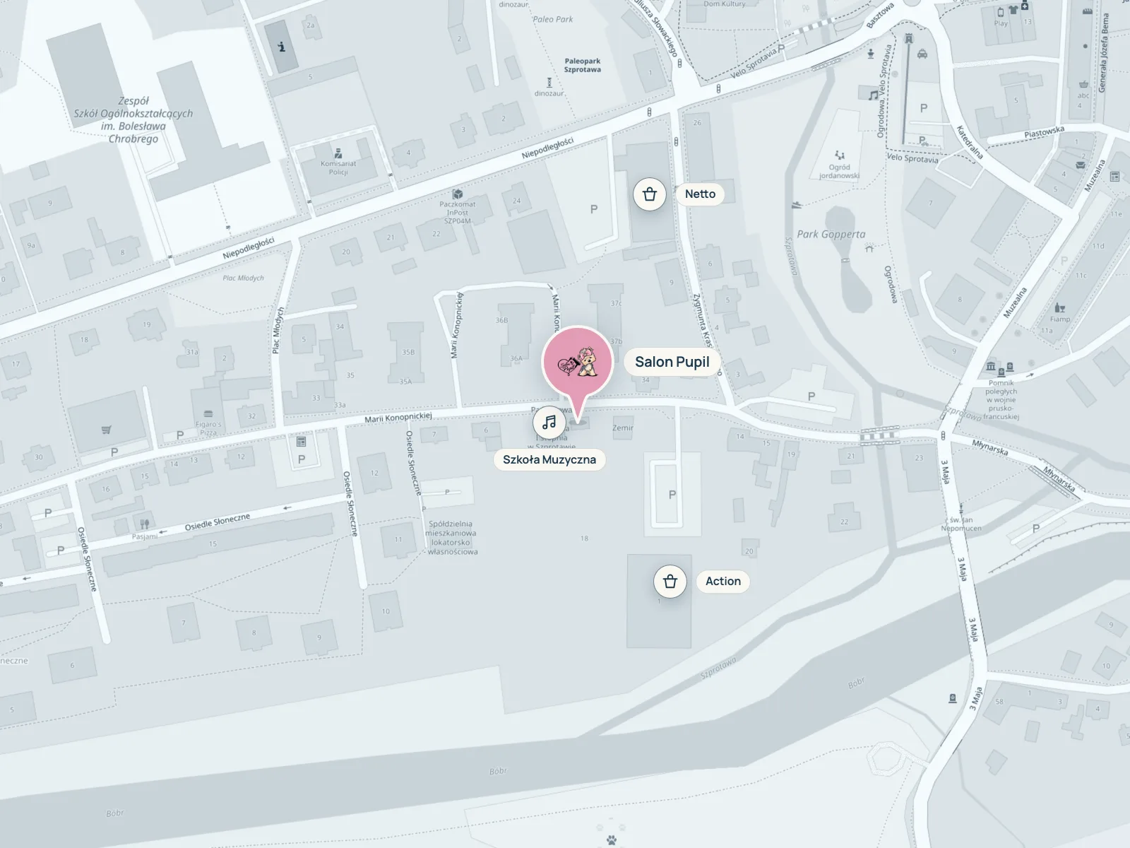 Mapa: Salon Pupil przy ul. Marii Konopnickiej 3a w Szprotawie, obok Szkoły Muzycznej, między Netto a Action